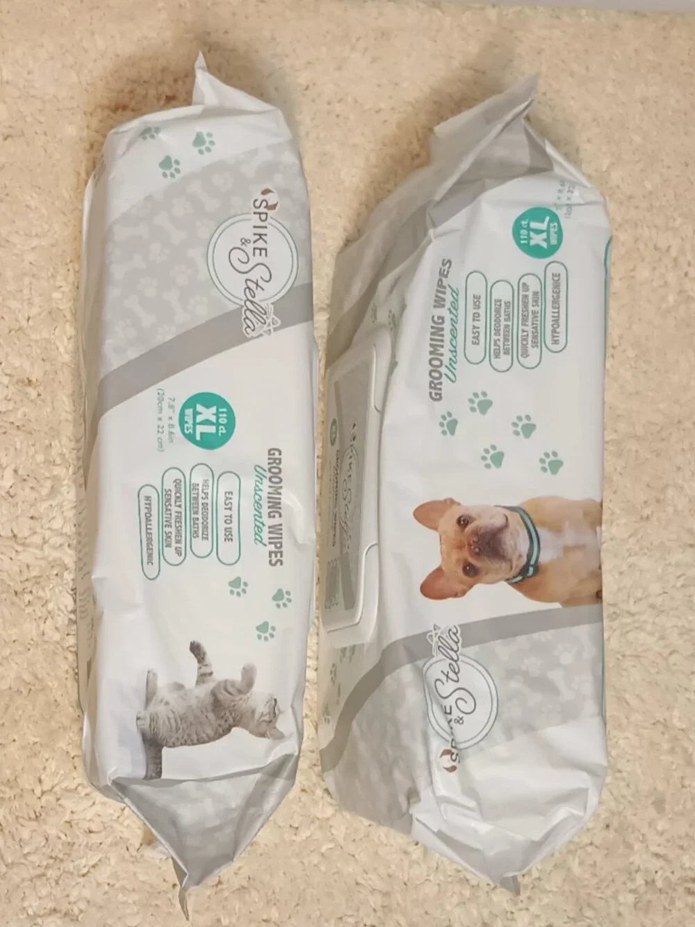 2 NEW packages of Spike & Stella Unscented XL Grooming Wipes,Total of 220 Wipes